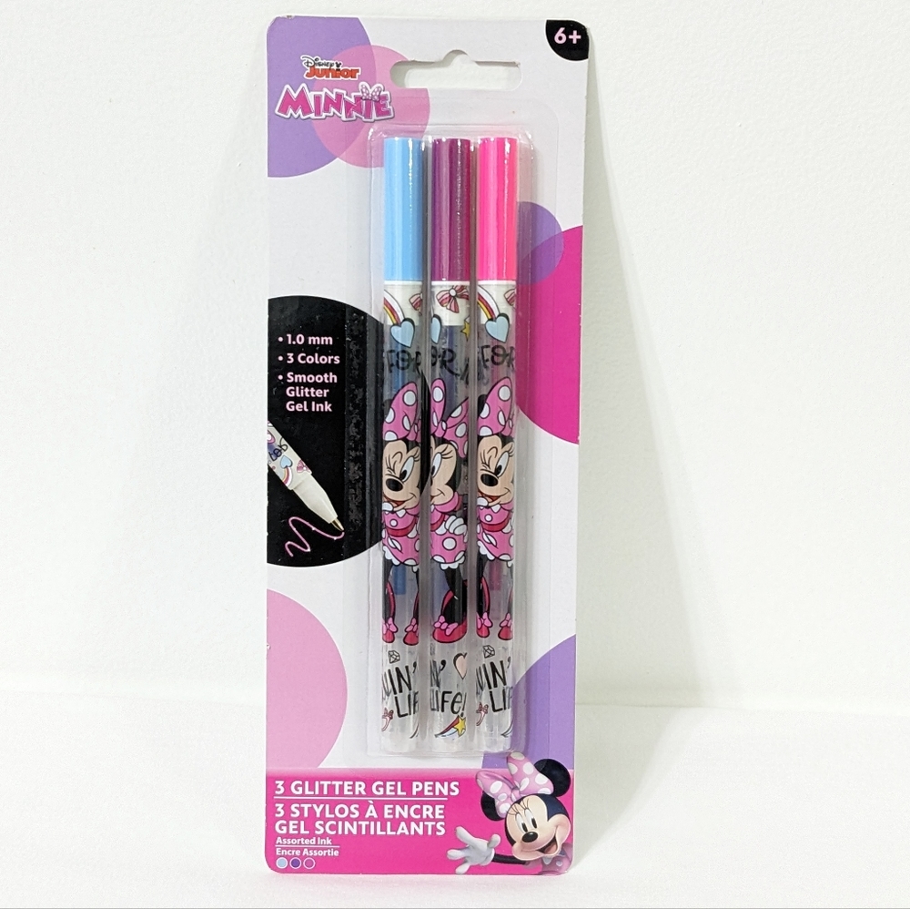 NEW DISNEY MINNIE MOUSE SMOOTH GLITTER GEL INK PENS, 3 COLORS, 1.0 mm